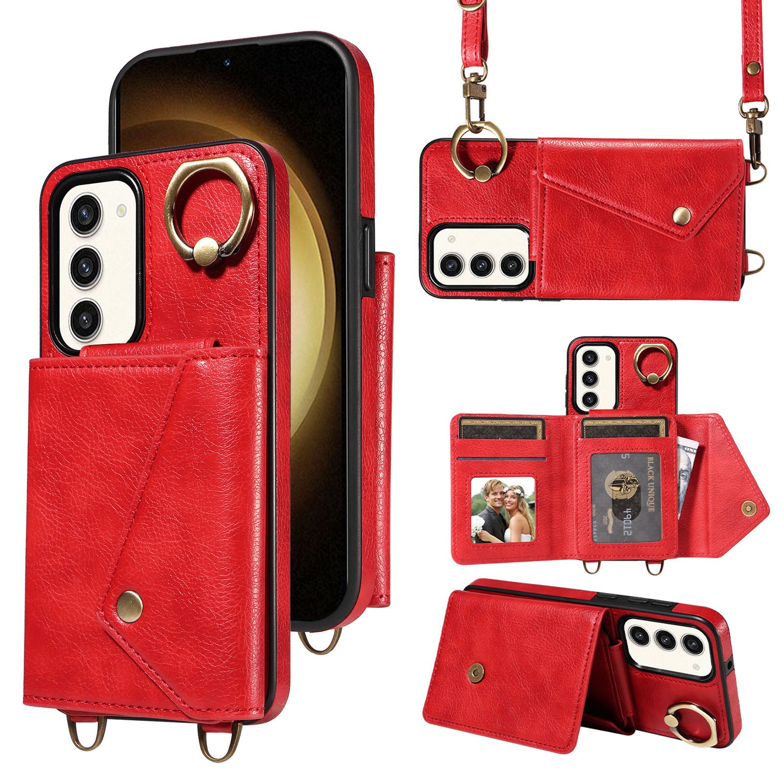 002 For Samsung Galaxy S23 Card Bag Design Ring Kickstand Cellphone Cover Litchi Texture Leather TPU Phone Case with Shoulder Strap 002 For Samsung Galaxy S23 Card Bag Design Ring Kickstand Cellphone Cover Litchi Texture Leather TPU Phone Case with Shoulder Strap